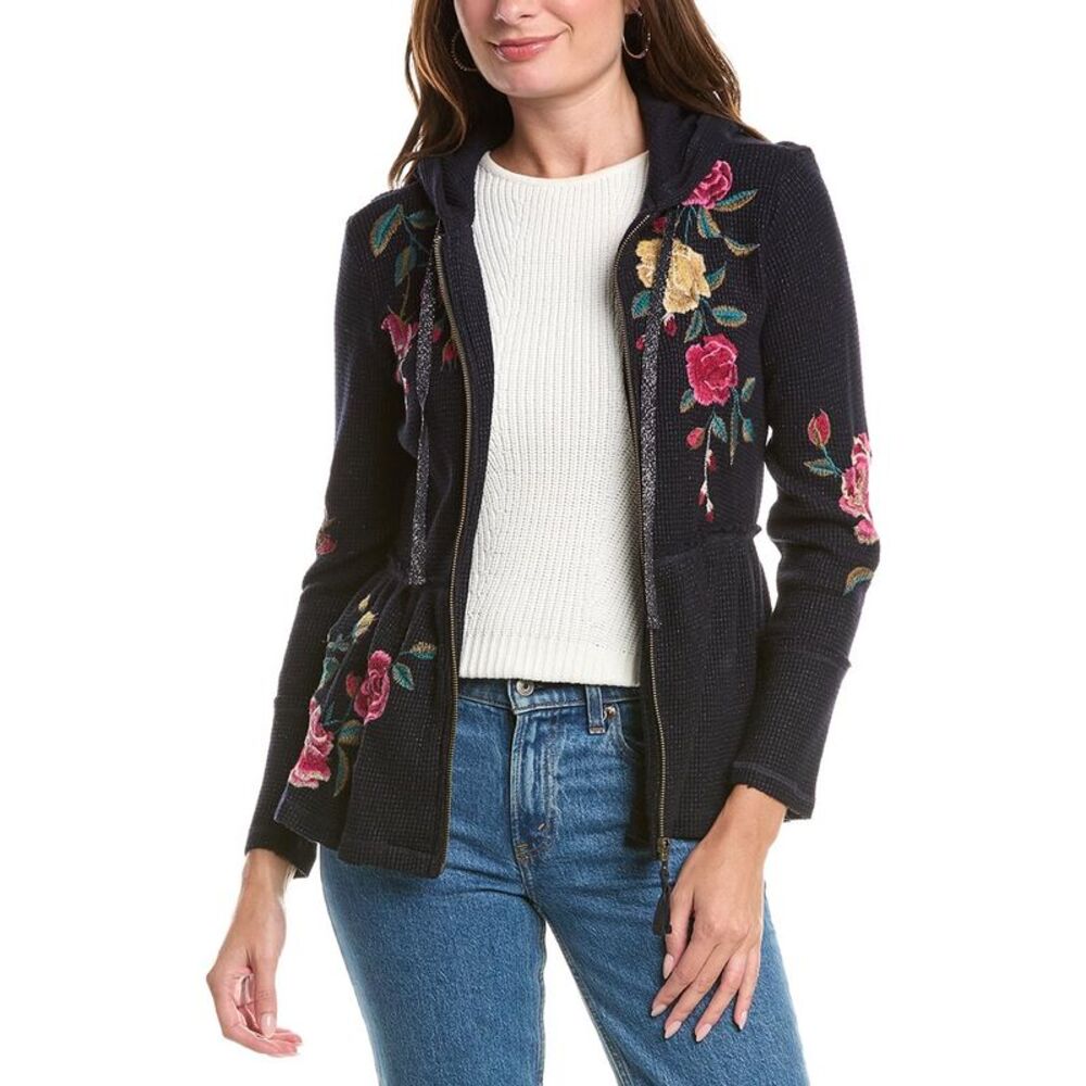 Johnny Was Womens  Peplum Metallic Thermal Hoodie, Navy